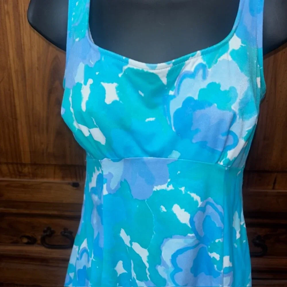 Sea Waves One Piece Swimdress Swimsuit Blue Floral Size 10 Retro Style